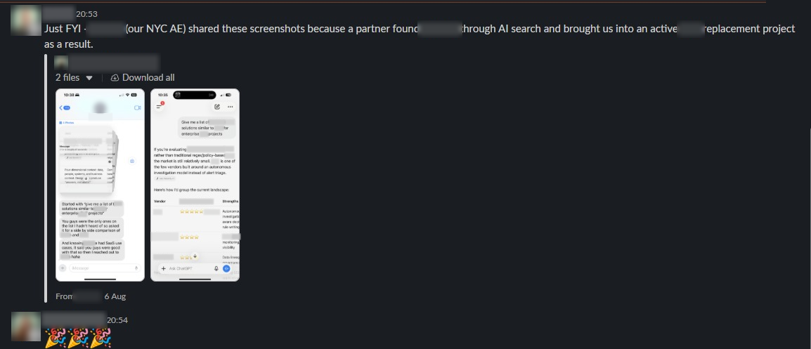 Blurred Slack message from the client's team: a partner found them through ChatGPT and brought them into an enterprise replacement project