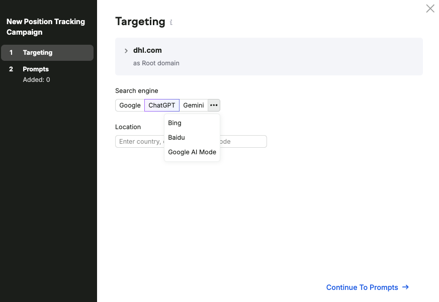 Semrush campaign setup shows ChatGPT, Gemini and a menu containing Google AI Mode.